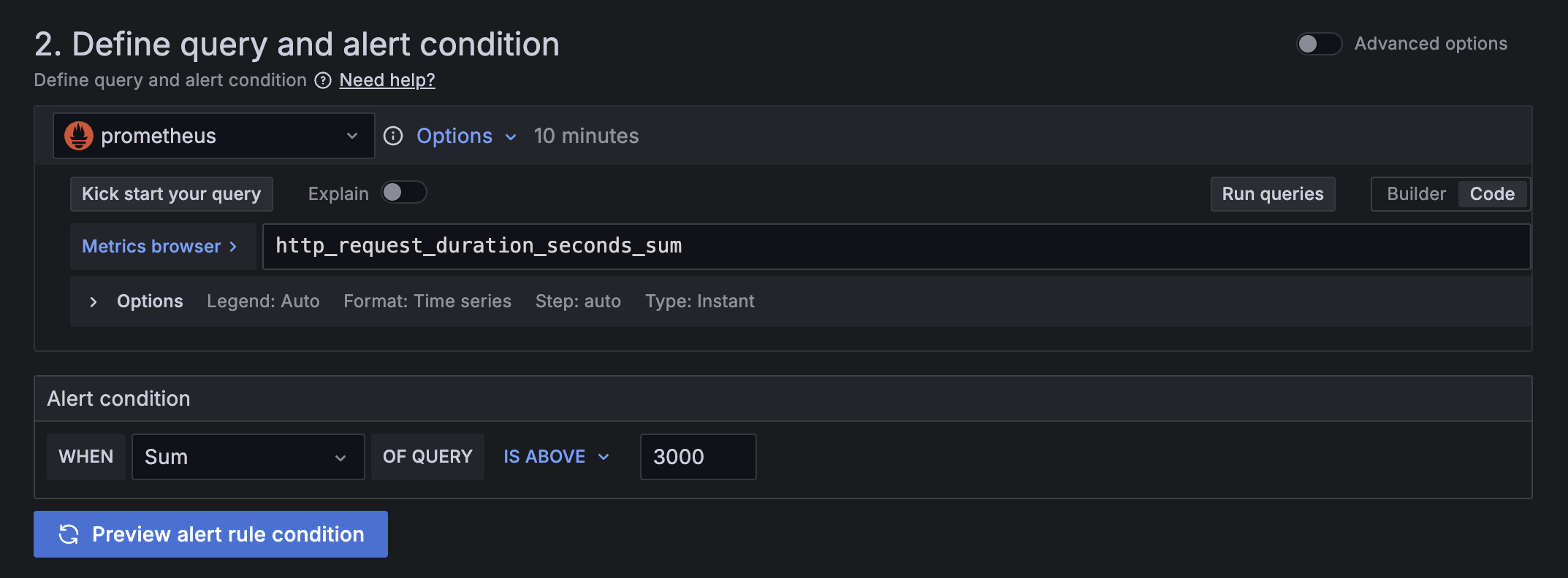 Define alert query and alert condition Define alert query and alert condition