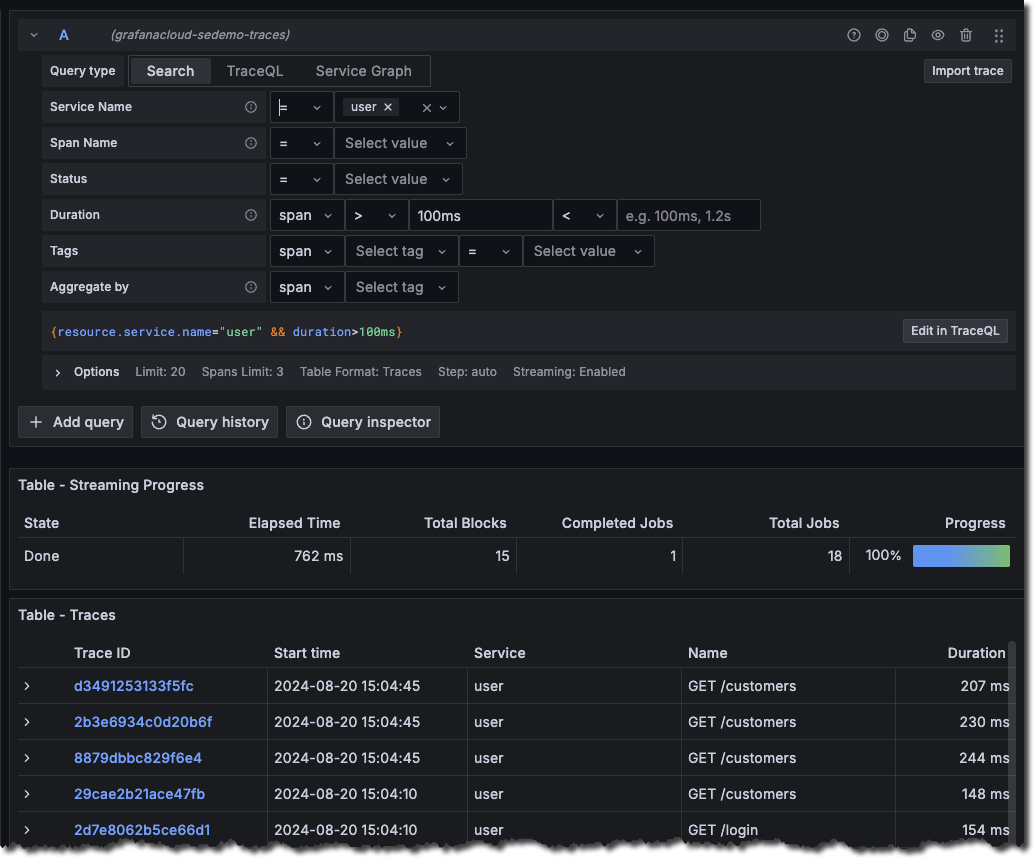 Screenshot of the Tempo Search query type Screenshot of the Tempo Search query type